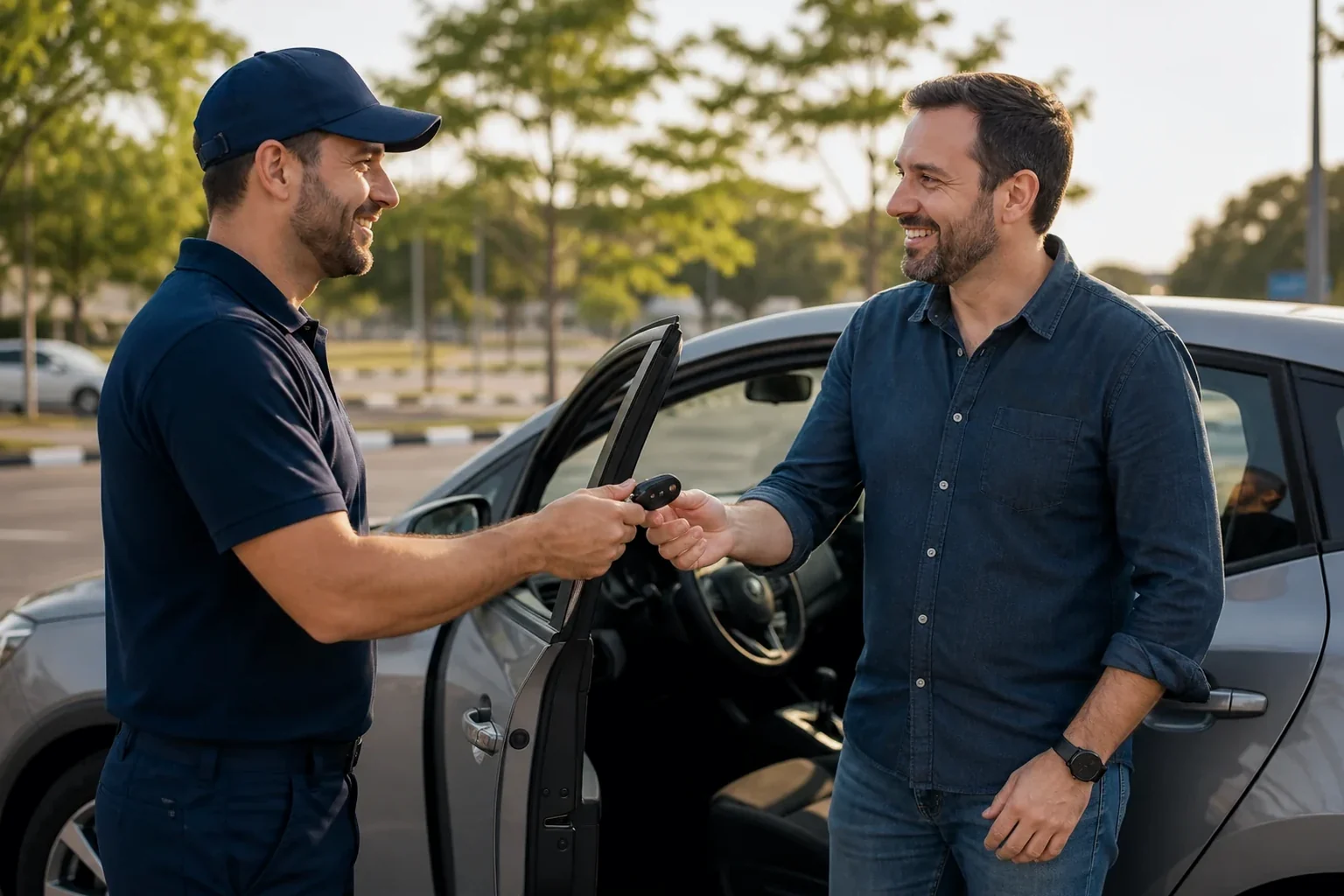 Chaveiro utilizando ferramentas para abrir um carro com cautela.