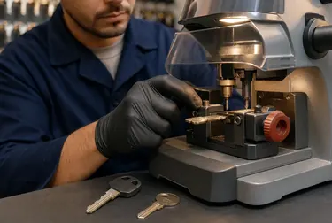 Técnico de chaveiro copiando chaves em um ambiente de trabalho.