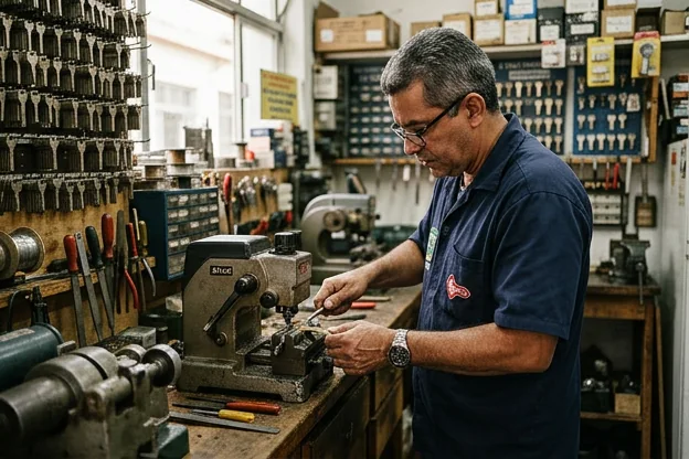 Técnico de chaveiro fabricando cópias de chaves em seu local de trabalho.