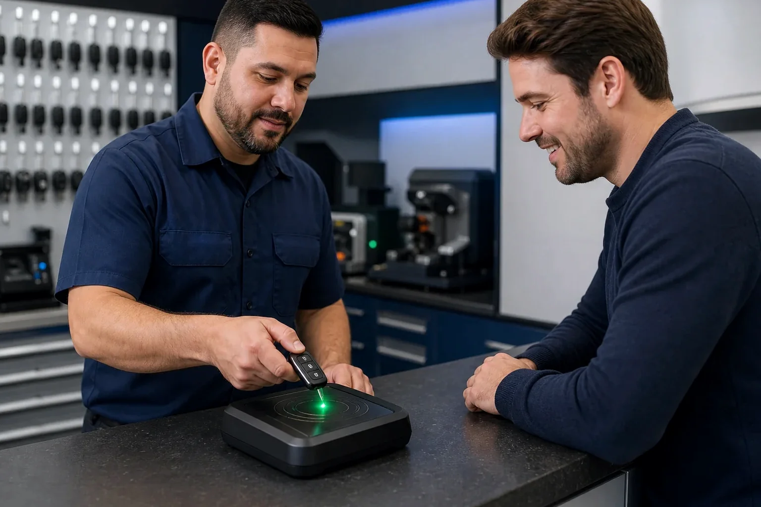 Técnico de chaveiro programando uma chave e controle remoto.